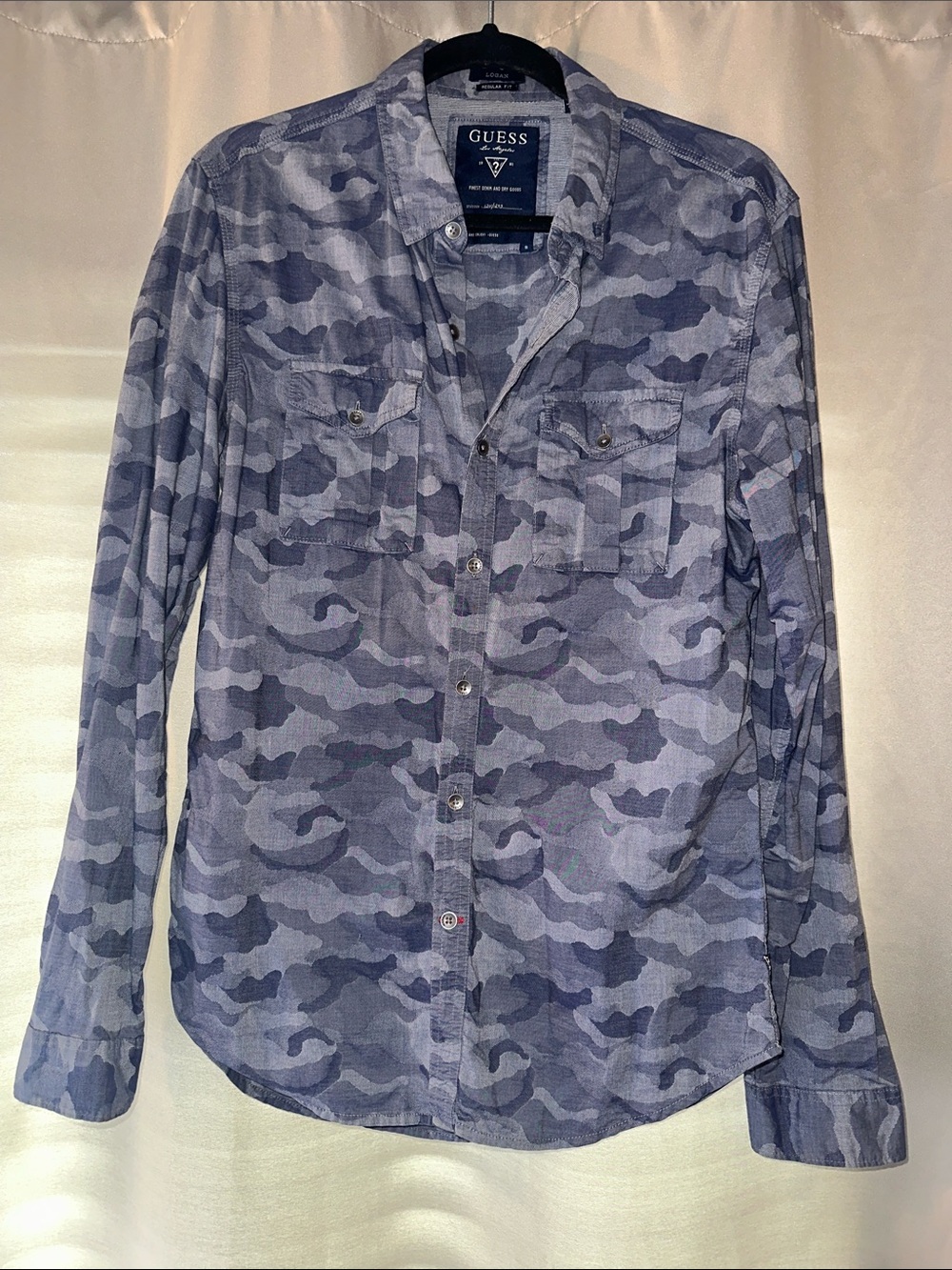 Guess Men’s Blue Camouflage Button-Down Shirt